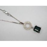 An 18ct White Gold Itatiaia Tourmaline and Diamond Set Drop Pendant, rectangular set, below circular