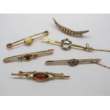 A Pearl Set Crescent Brooch, indistinctly stamped "9ct"; together with a circlet bar brooch,