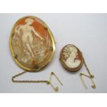 A Large Oval Shell Cameo Brooch, depicting female in flowing dress, claw set within plain mount