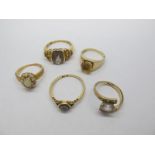 Four 9ct Gold Dress Rings, one of crossover design, semi oval collet set to the centre, and