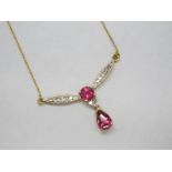 A 9ct Gold Cruzeiro Rubellite and Diamond Set Necklace, circular claw set to the centre,