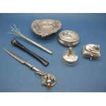 A Hallmarked Silver Trinket Dish, of pierced design; together with a champagne twizzler, pill boxes,