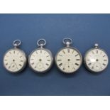 Four Hallmarked Silver Cased Openface Pocketwatches, all with black Roman numerals and seconds