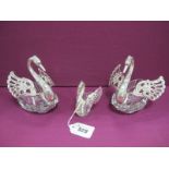 A Pair of Glass Swans, each with openwork hinged wings stamped "925"; together with a smaller