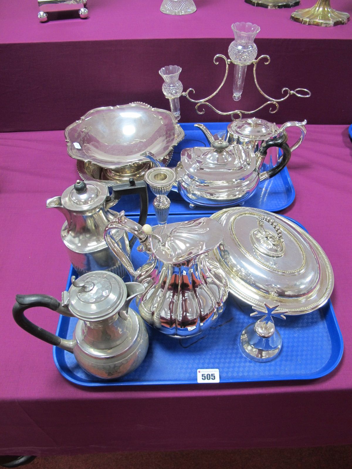 Plated Tea Pots, twin branch epergne with thistle flutes (one missing), footed dish, entree dish,