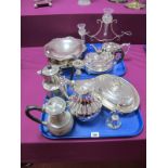 Plated Tea Pots, twin branch epergne with thistle flutes (one missing), footed dish, entree dish,