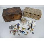 Trinket Pot with Chick to Lid, gent's cufflinks, enamel badges, commemorative badge, cheroot holder,