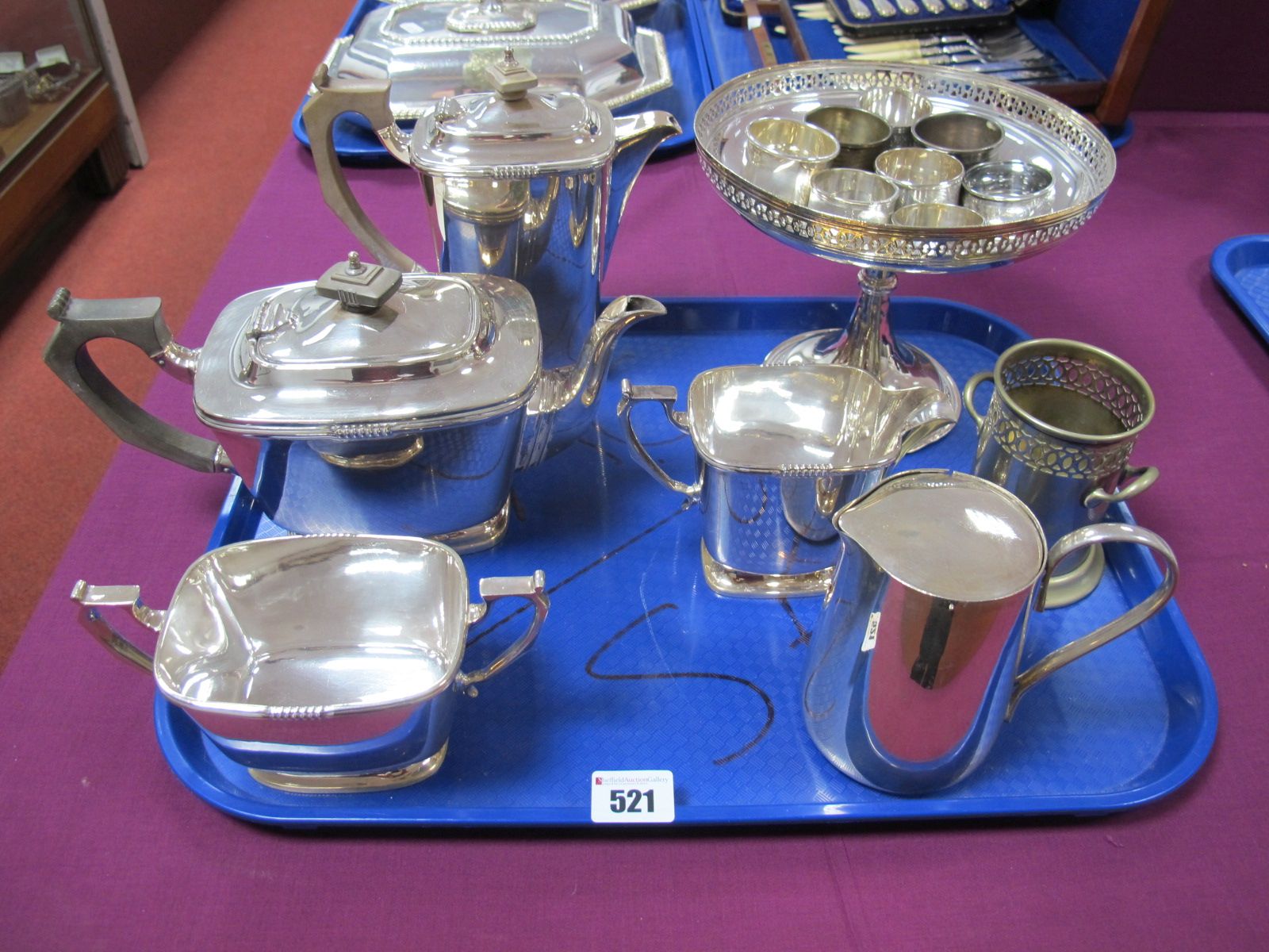 Hallmarked Silver and Other Napkin Rings, together with a plated four piece tea set, a pedestal