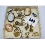 XIX Century and Later Earrings, (damages) cameo brooches, etc.