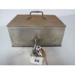 A Metal Strong Box, with top swing carry handle, complete with key.