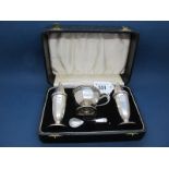 A Hallmarked Silver Three Piece Cruet Set, EV, Sheffield 1957, in original fitted case with matching