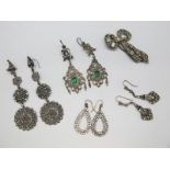 Vintage Continental Drop Earrings; together with long cut steel ear pendants.