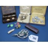 Costume Jewellery, including green enamel shell clip earrings, brooches, further earrings, etc.