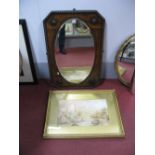 A 1920's Oval Bevelled Wall Mirror, in rectangular oak frame with canted corners;C. Hawksworth,