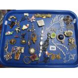 Assorted Costume Brooches, ladies wristwatch, diamanté necklaces, bracelet, etc:- One Tray