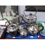 Roberts & Belk Plated Tea Kettle on Burner Stand, plated three piece tea set, coffee pot in the