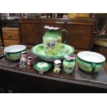Clementson Bros. Wash Set, comprising jug, bowl, two chamber pots, brush and soap holders; three