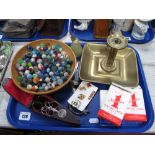 Scissors in Early XX Century Morocco Case, marbles, badges, cards, etc:- One Tray