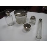 A Hallmarked Silver Lidded Cut Glass Dressing Table Jar, an ink bottle, toiletry jars, etc.