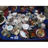A Coalport Basket, Aynsley bed side clock, character jugs and many other miniatures:- One Tray