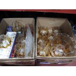 Clear and Amber Glass Ceiling Light Shades, pressed glass dish, other glassware etc:- Two Boxes