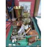 A Reproduction Miners Lamp, brass trivet, copper kettle, vases, brass weights, lathe:- One Box
