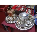 A Copper Spirit Kettle, plated bon bon dish, sugar and cream, tankards, etc.