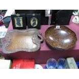 Two Silhouettes, G.U.L bakelite fruit bowl, eastern carved hardwood tray.