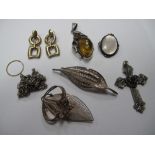 A Pair of 9ct Gold Earrings, filigree leaf brooch stamped "935", cross pendant, amber set pendant,