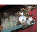 Brass Three Branch Ceiling Light, other light fittings, glassware etc:- Two Boxes