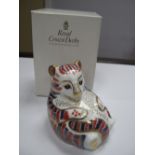 A Royal Crown Derby Paperweight, modelled as a Tiger Cub, date code for 1993, gold stopper, boxed.