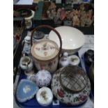 A Crown Devon Fieldings Blush Ivory Biscuit Barrel, trinket pot, Noritake vase etc:- One Tray
