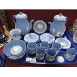Wedgwood Jasperware, a powder blue collection to include coffee pots, coffee cans and saucers, vase,