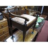An Edwardian Inlaid Mahogany Dressing Table Stool, shaped cresting rail and open arm supported on