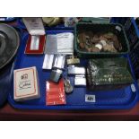 Assorted Collection of Coins, toffee tin money box, novetly cello vesta case, Colibri and other
