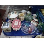 Iridescent Glass Mushrooms, Coronet Ware 'Lovebirds' pickle jar, Booth's bowls etc:- One Tray