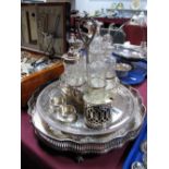 Plated Condiment Stand, lidded drum mustard, pair of hallmarked silver napkin rings, tray, etc.