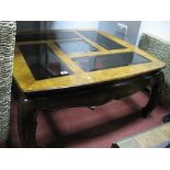 Chinese Style Coffee table, with a five glass panel top, shaped apron, on shaped legs.