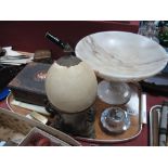 Ostrich Egg Mounted on Gilt Metal Stand, alabaster tazza, company seal, mother of pearl handled