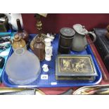 A Brass Table Lamp, Pearson's bottle vase, Rowntree tin, glass light shade, pewter jug etc:- One