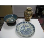 A Mid XX Century Cloisonné Bowl, decorated with branches of blossom and dove, on pierced hardwood