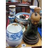 XIX Century Chinese Blue and White Sleeve Vase (damages), Chinese plate with Famille Rose