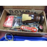 A Small Pine Advertising Shop Box Marked 'Bovril Buy a Bottle', containing small collectable's