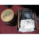 Tray with a Woolwork Map of Cornwall, woolwork tapestry of London, bamboo plant stand:- One Box