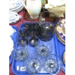 C.1960's Whitefriars Smoked Glass Pinch Top Water Jug, with six matching tumblers; four dessert