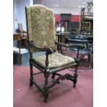 A XX Century Charles II Style Chair, with a tapestry back, shaped arms, caned seat, on turned and
