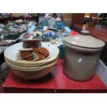 A Pair of Earthenware Mixing Bowls, a stoneware bread bin, Pearson's of Chesterfield ramekins, etc.