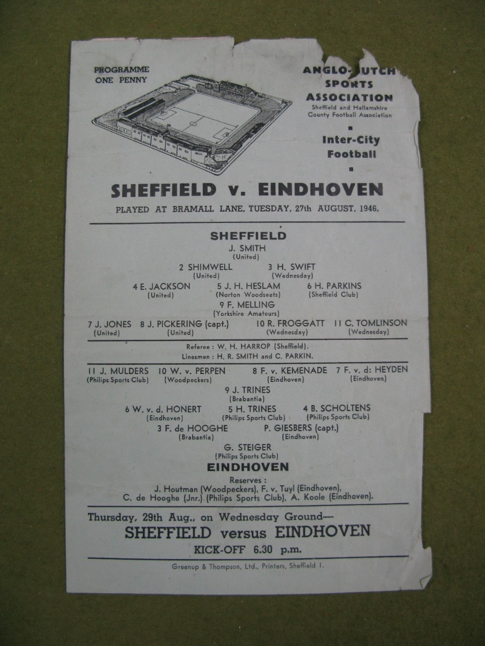 1946 Sheffield v. Eindhoven Single Sheet Programme, for 7th August 1946, at Hillsborough.(Tear to