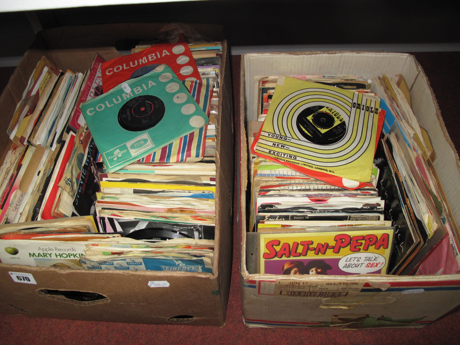 A Mixed Collection of 1950's to 1980's 45rpm's and EP's, over three hundred:- Two Boxes