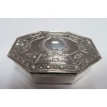 A Decorative Hallmarked Silver Pill Box, C.J. Vander, Sheffield 1997, of elongated octagonal form,